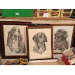 THREE FRAMED PICTURES OF DOGS TO INCLUDE, TWO DASCHSUNDS, AND A BASSETT HOUND, SIZES, 48CM X 37CM