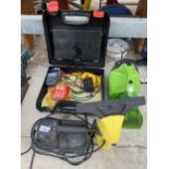 AN ASSORTMENT OF TOOLS TO INCLUDE STEAM VACS AND A FAB ECHO ETC