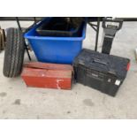 AN ASSORTMENT OF ITEMS TO INCLUDE TWO TOOL BOXES, A WHEEL AND TYRE AND A PLASTIC PLANTER ETC