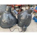 FOUR INDUSTRIAL STYLE ENAMEL LIGHT SHADES AND FITTINGS