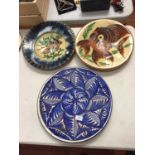 THREE LARGE STUDIO POTTERY CHARGERS TO INCLUDE, FISH DESIGN, ETC