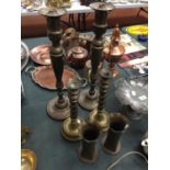 A PAIR OF TRENCH ART STYLE VASES HEIGHT 17CM, A PAIR OF BARLEYTWIST BRASS CANDLESTICKS HEIGHT 30CM