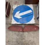 A VINTAGE ROAD SIGN AND TWO TRIUMPH SPITFIRE PARTS