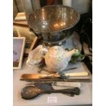 A LARGE SILVER PLATE ROSE BOWL, A TEA FOR ONE TEAPOT, SERVING SPOON AND FORK WITH FRUIT