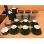 A BESWICK POTTERY GREEN WARE COFFEE SET TO INCLUDE SIX CUPS AND SAUCERS AND ALSO TWO TEA, COFFEE,