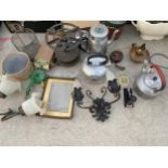 AN ASSORTMENT OF ITEMS TO INCLIUDE A VINTAGE BEAN SLICER, A VINTAGE CAMPING CSTOVE AND A PARAFIN