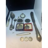 A COLLECTION OF ITEMS TO INCLUDE MEDALS, EPNS FLATWARE, ROLLED GOLD TIE PIN, CROWNS ETC