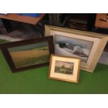 THREE FRAMED PICTURES TO INCLUDE, A CORNFIELD, COWS IN A MEADOW AND A LADY SLEEPING