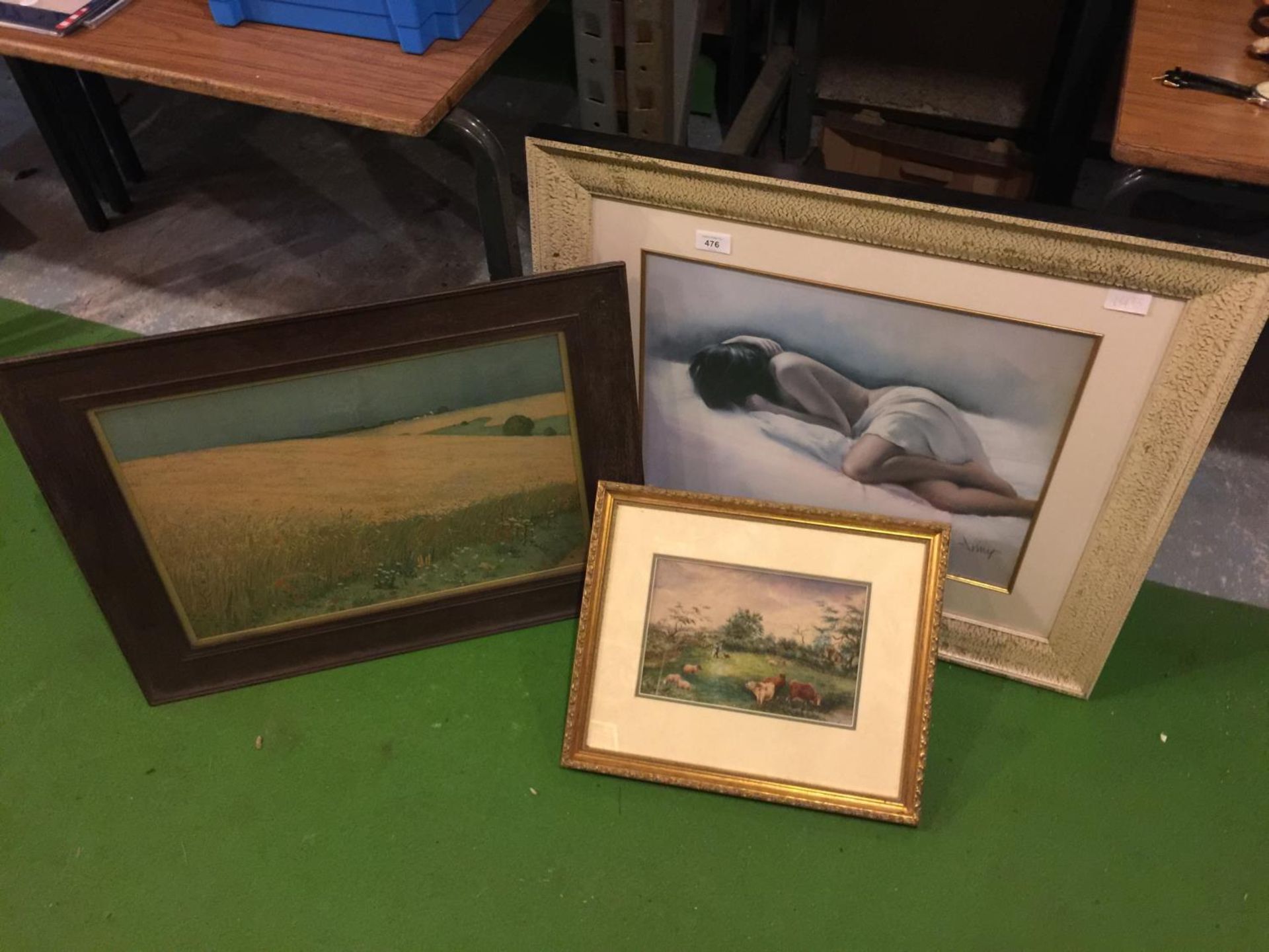 THREE FRAMED PICTURES TO INCLUDE, A CORNFIELD, COWS IN A MEADOW AND A LADY SLEEPING