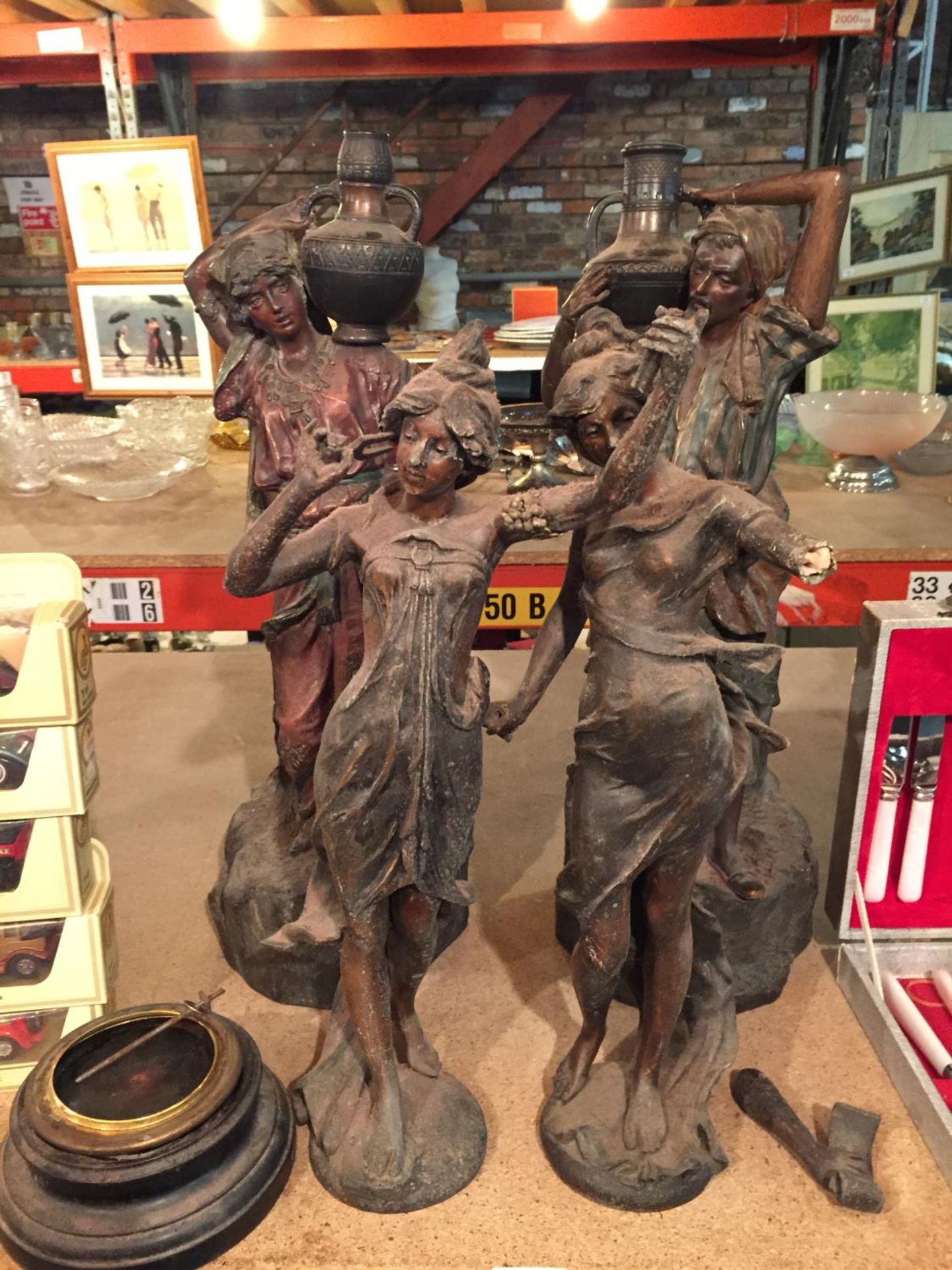 FOUR FIGURINES TO INCLUDE TWO CLASSICAL STYLE WOODEN ONES, SIZE 55CM, AND TWO SPELTER LADIES SIZE