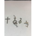 FOUR MARKED SILVER PENDANTS TO INCLUDE A CROSS AND A DOLPHIN