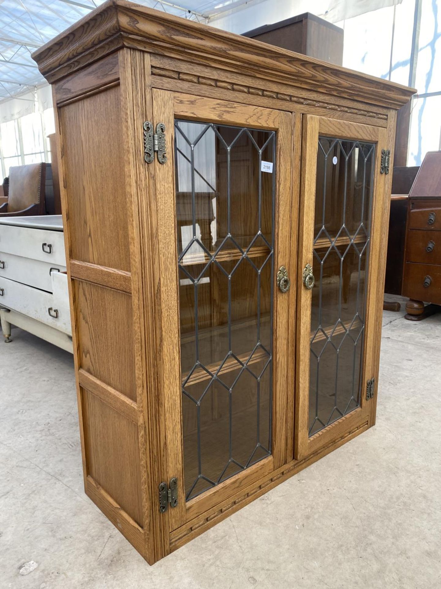 AN OLD CHARM GLAZED AND LEADED TWO DOOR BOOKCASE TOP, 38" WIDE - Image 2 of 5
