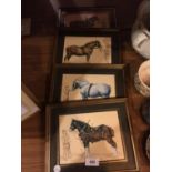 FOUR FRAMED PICTURES OF HEAVY HORSES TO INCLUDE, A SHIRE, A PERCHERON -CRACKED GLASS- A SUFFOLK