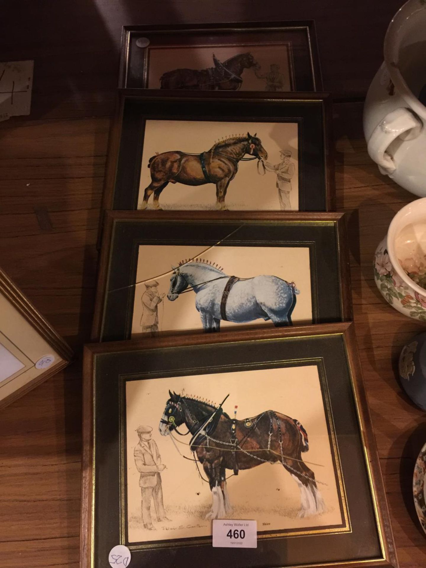 FOUR FRAMED PICTURES OF HEAVY HORSES TO INCLUDE, A SHIRE, A PERCHERON -CRACKED GLASS- A SUFFOLK