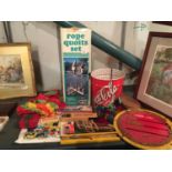 A COLLECTION OF VINTAGE TOYS TO NCLUDE, A QUOITS SET, DOMINOES, BUILDING BRICKS, A KITE, ETC