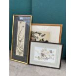 A DORIS FOWLES GOLDFINCHES PRINT, G.SCOTT BULL FINCHES PICTURE AND SILK PICTURE DEPICTING BIRDS