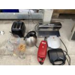 A TOASTER, KETTLE, THREE GRILLS AND PYREX WARE ETC