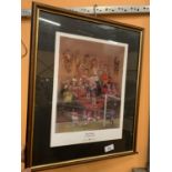 A FRAMED PICTURE OF OF MANCHESTER UTD WINNING THE TREBLE BY STEPHEN DOIG