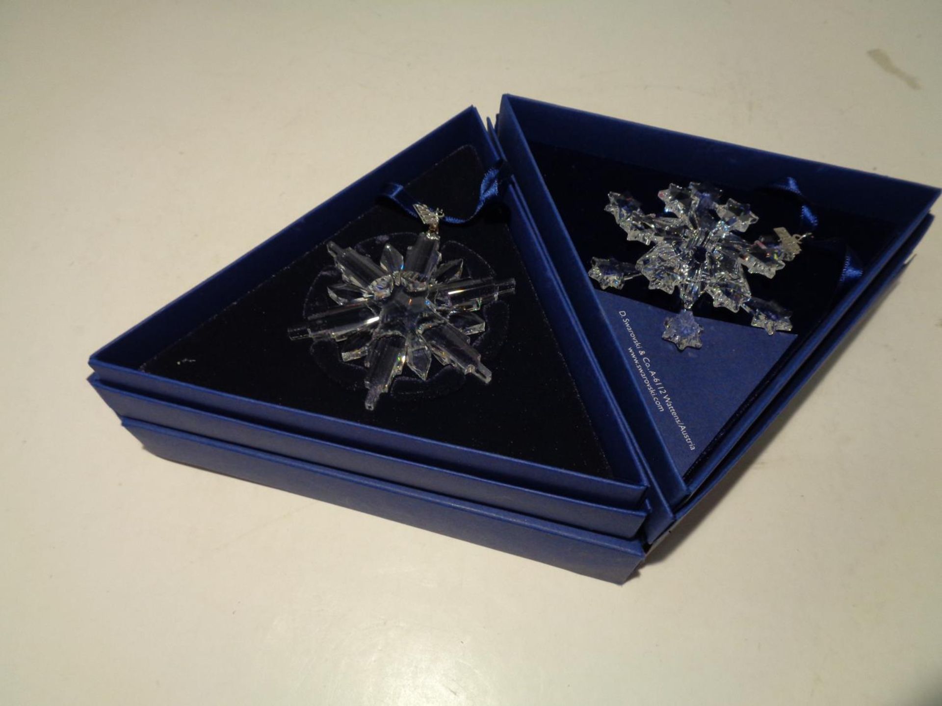 TWO SWAROVSKI ANNUAL EDITION SNOWFLAKE CHRISTMAS ORNAMENTS 2004 & 2006 IN BOXES