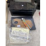 AN ASSORTMENT OF ITEMS TO INCLUDE METAL DEED TIN, ARTISTS TOOLS ETC