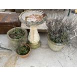 AN ASSORTMENT OF GARDEN ITEMS TO INCLUDE A RECONSTITUTED STONE BIRD BATH, AND A PAIR OF PLANTERS