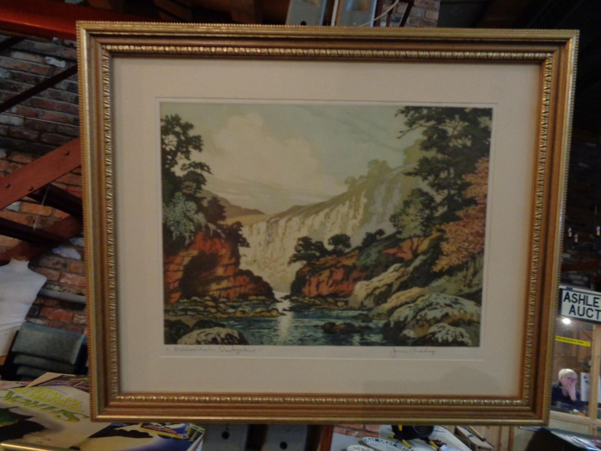 A GILT FRAMED PICTURE 'MILLERS DALE, DERBYSHIRE' SIGNED BY JAMES PRIDDEY