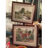 TWO FRAMED PICTURES SIGNED C WHITFIELD, ONE OF A PHEASANT BY A STREAM ANT THE OTHER FOXES. SIZE 63CM