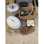 AN ASSORTMENT OF ITEMS TO INCLUDE AN ENAMEL COOKING POT, A STAINLESS STEEL JUG AND DOOR FURNITURE