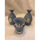 THREE PIECES OF WEDGWOOD JASPER WARE TO INCLUDE VASES