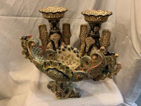 A PAIR OF ORNATE FISCHER BUDPEST HUNGARIAN VASES 38CM TALL AND A TWIN HANDLED DISH ON A PREDESTAL