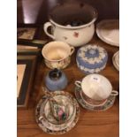 A POTTERY CHAMBER POT, ORIENTAL STYLE CUP AND SAUCERS, WEDWOOD TRINKET BOX AND LIGHTER