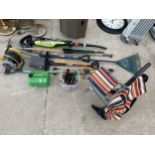 A QUANTITY OF GARDEN TOOLS, PETROL CONTAINER, EXTENSION REEL ETC