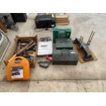 AN ASSORTMENT OF TOOLS TO INCLUDE TOOL BOXES, WIRE BRUSHES AND AN AXE ETC