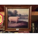 A FRAMED HAND TEXTURED AND VARNISHED PRINT OF A PRIZE LAMB WITH CATTLE IN WATER, E CORBET 1877.