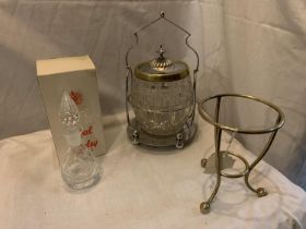 A CUT GLASS BISCUIT BARREL ON A SILVER PLATED STAND, A ROYAL BRIERLEY CUT GLASS DECANTER WITH BOX