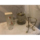 A CUT GLASS BISCUIT BARREL ON A SILVER PLATED STAND, A ROYAL BRIERLEY CUT GLASS DECANTER WITH BOX