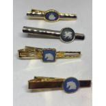 FOUR WEDGWOOD JASPERWARE TIE PINS TO INCLUDE BLUE AND WHITE HORSES HEADS, BLUE AND WHITE GALLEON AND