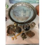 A QUANTITY OF COLLECTABLES TO INCLUDE, A LARGE SILVER PLATE TRAY, BRASS BELLS, CAT, PRESERVE JAR,