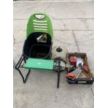 A GARDEN TROLLEY, BIRD CAGE, GARDEN WORK STOOL, TWO SAWS ETC