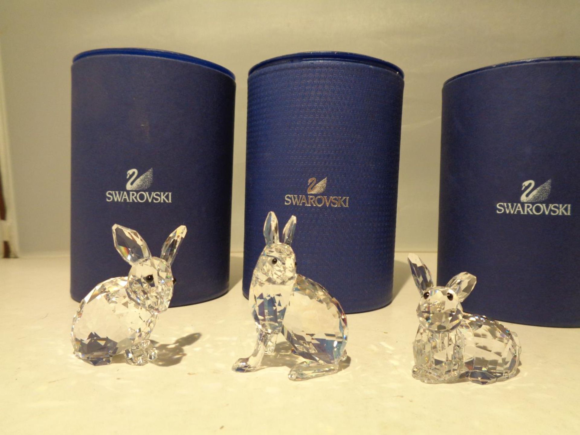 TWO SWAROVSKI RABBITS 905777, 905778 AND A SWAROVSKI HARE 105005 ALL WITH BOXES