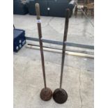 TWO VINTAGE COPPER POSSERS WITH WOODEN HANDLES