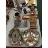A QUANTITY OF SILVER PLATE TO INCLUDE SERVING DISHES, SAUCE BOATS, FLATWARE, ETC