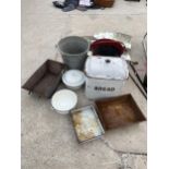 AN ASSORTMENT OF ITEMS TWO INCLUDE A GALVANISED BUCKET, AN ENAMEL BREAD BIN AND ENAMEL DISHES ETC