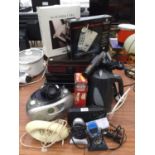 AN ASSORTMENT OF ITEMS TO INCLUDE PHONES, KETTLE AND STEREO ITEMS ETC