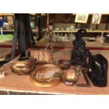 A BRASS LEAF DESIGN POT, CAST MR PUNCH DOORSTOP, BRASS BOWLS, CASED BINOCULARS, ETC