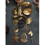 A QUANTITY OF BRASSWARE TO INCLUDE ELEPHANTS, DOGS, SHOES, BRASSES ETC