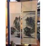 TWO LARGE HANGING BANNERS WITH ORIENTAL PRINTS