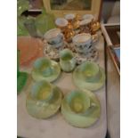 A QUANTITY OF CUPS AND SAUCERS TO NCLUDE, PALE GREEN BONE CHINA, MYOTTS AND GOLD PATTERNED