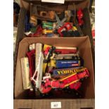 A BOX OF PLAYWORN CARS, TRUCKS, AEROPLANES, ETC, TO INCLUDE TIN PLATE EXAMPLES, CORGI, ETC