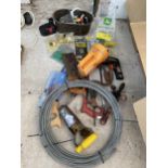 AN ASSORTMENT OF TOOLS TO INCLUDE SAWS, WIRE AND TORCH ETC